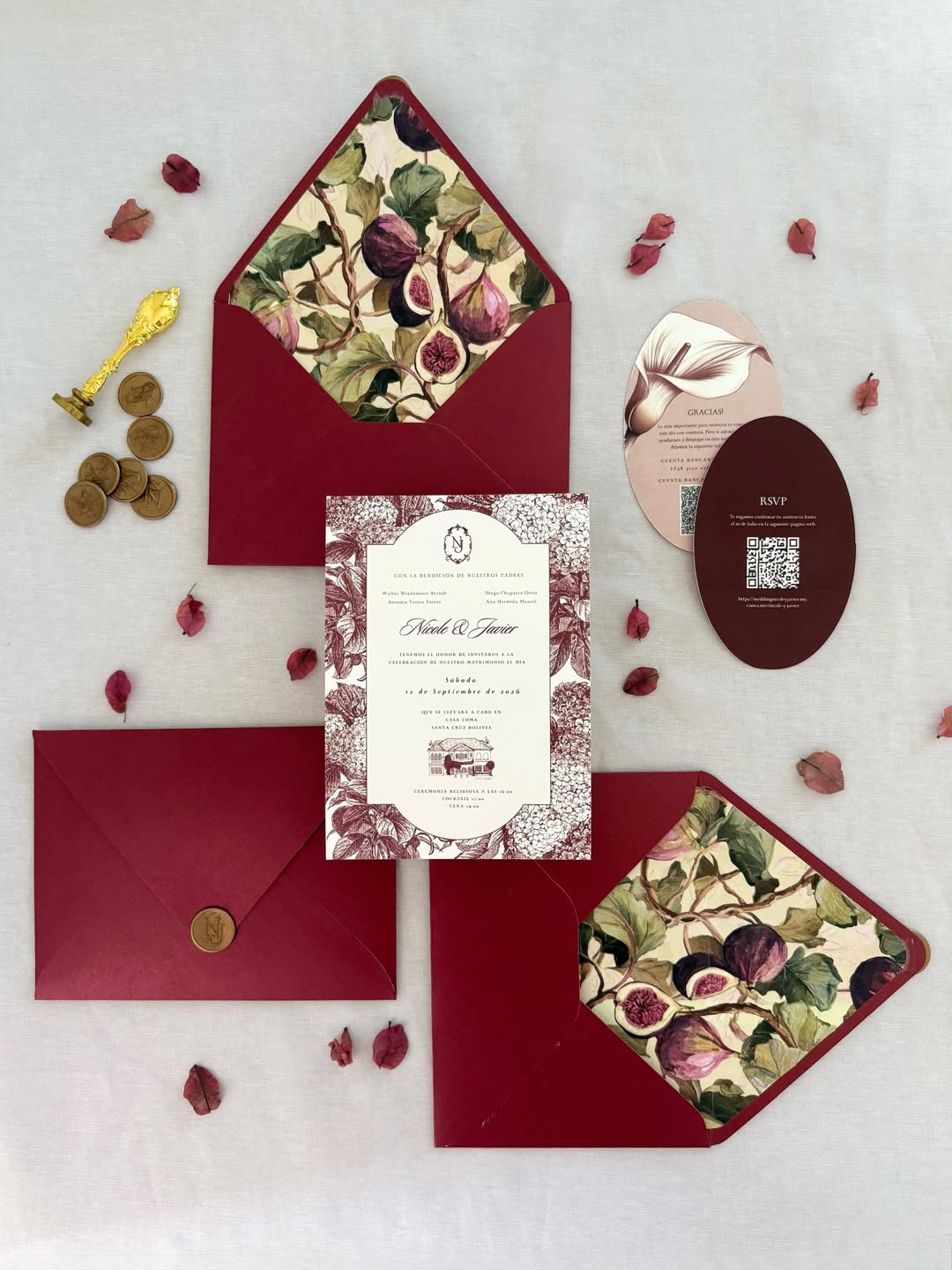 Invitación de boda borgona con lacre dorado